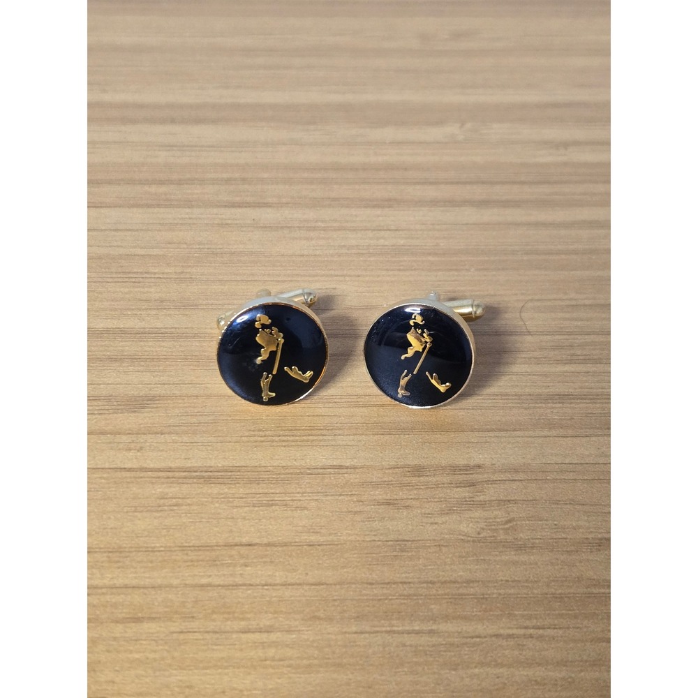 Vintage Johnnie Walker Striding Man Cufflinks Black Gold Tone Enamel Round Logo